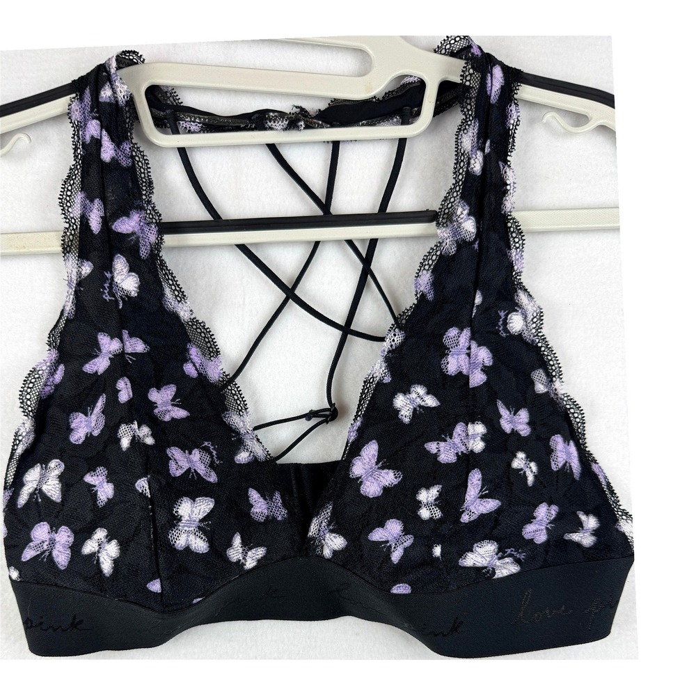 PINK Victoria's Secret Butterfly Bralette M Black Lace Caged Back Wireless